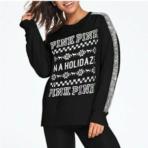 Victoria Secret PINK long sleeve L black holiday shirt with silver sequins